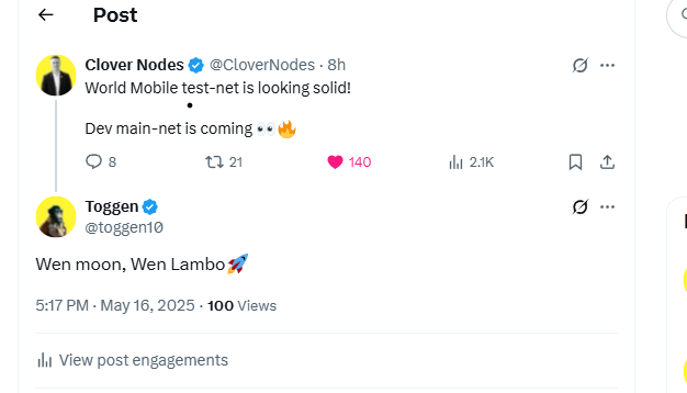 Toggen (@toggen10) on Twitter photo So, <a href="/MrTelecoms/">Mr.Telecom</a> liking this cheek in tongue tweet about the value of $WMTx.
Some think that team does not care about token price. Take it from someone that has been in this space for a long time, the team DO care, and it will go parabolic. They just can`t talk about it... So, <a href="/MrTelecoms/">Mr.Telecom</a> liking this cheek in tongue tweet about the value of $WMTx.
Some think that team does not care about token price. Take it from someone that has been in this space for a long time, the team DO care, and it will go parabolic. They just can`t talk about it...