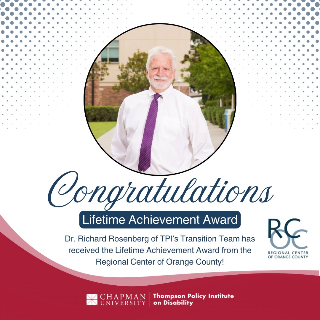 Thompson Policy Institute on Disability (@tpichapman) on Twitter photo Congratulations to Dr.Richard Rosenberg of TPl's Transition Team for receiving the Regional Center of Orange County Lifetime Achievement Award! Your dedication to advancing opportunities for individuals with disabilities is truly impactful. Well deserved!
<a href="/RegionalCntrOC/">Regional Center OC</a> Congratulations to Dr.Richard Rosenberg of TPl's Transition Team for receiving the Regional Center of Orange County Lifetime Achievement Award! Your dedication to advancing opportunities for individuals with disabilities is truly impactful. Well deserved!
<a href="/RegionalCntrOC/">Regional Center OC</a>