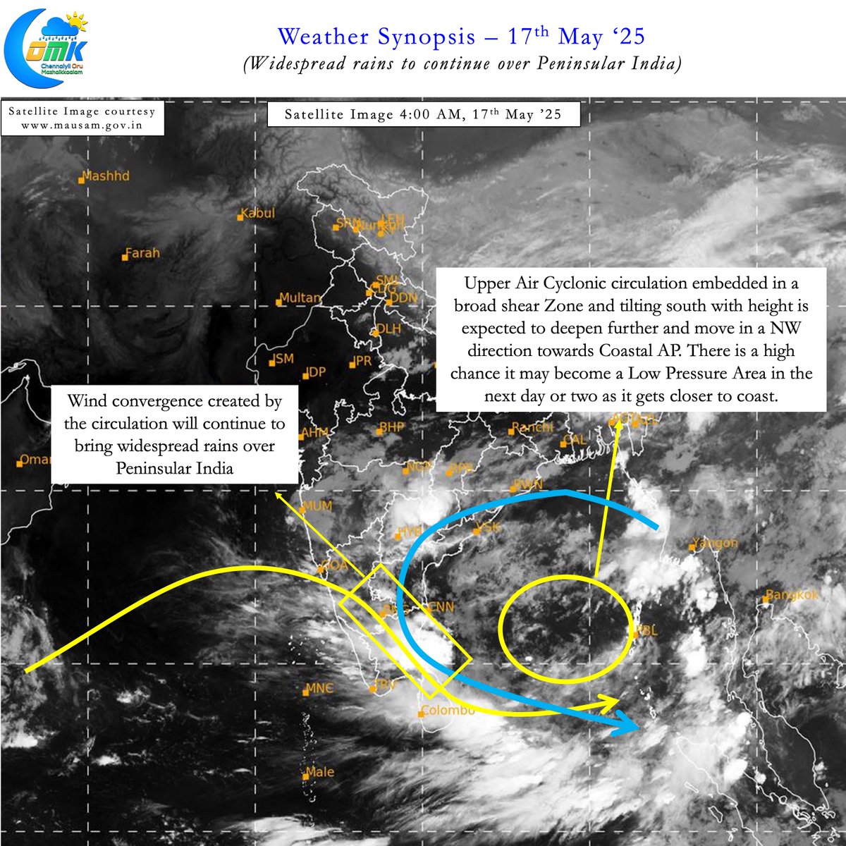 ChennaiRains's tweet photo. Deepening UAC over Bay of Bengal likely to trigger widespread #Rains over Peninsular #India. Many places in #TamilNadu including delta districts may see intense #Thunderstorms. While parts of #Chennai saw light rains last night things get better from tomorrow. #WxwithCOMK https://t.co/g4VESbdqzg