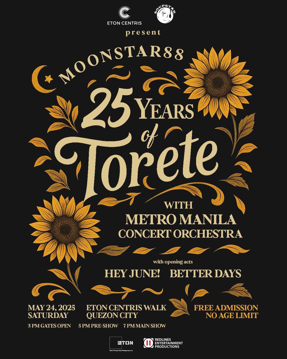 D-Day PH (@dday_ph) on Twitter photo Next week na!
Moonstar88 25 Years of Torete
🗓️ May 24, 2025
📍 Eton Centris Walk, QC
With opening acts HEY JUNE! and Better Days
FREE ADMISSION!
Presented by Eton Centris, <a href="/soupstarmusic/">Soupstar Music</a>, and <a href="/RedlinesProd/">Redlines Productions</a>
#EtonCentris #Torete25 #Moonstar88
#HeyJune #BetterDays Next week na!
Moonstar88 25 Years of Torete
🗓️ May 24, 2025
📍 Eton Centris Walk, QC
With opening acts HEY JUNE! and Better Days
FREE ADMISSION!
Presented by Eton Centris, <a href="/soupstarmusic/">Soupstar Music</a>, and <a href="/RedlinesProd/">Redlines Productions</a>
#EtonCentris #Torete25 #Moonstar88
#HeyJune #BetterDays