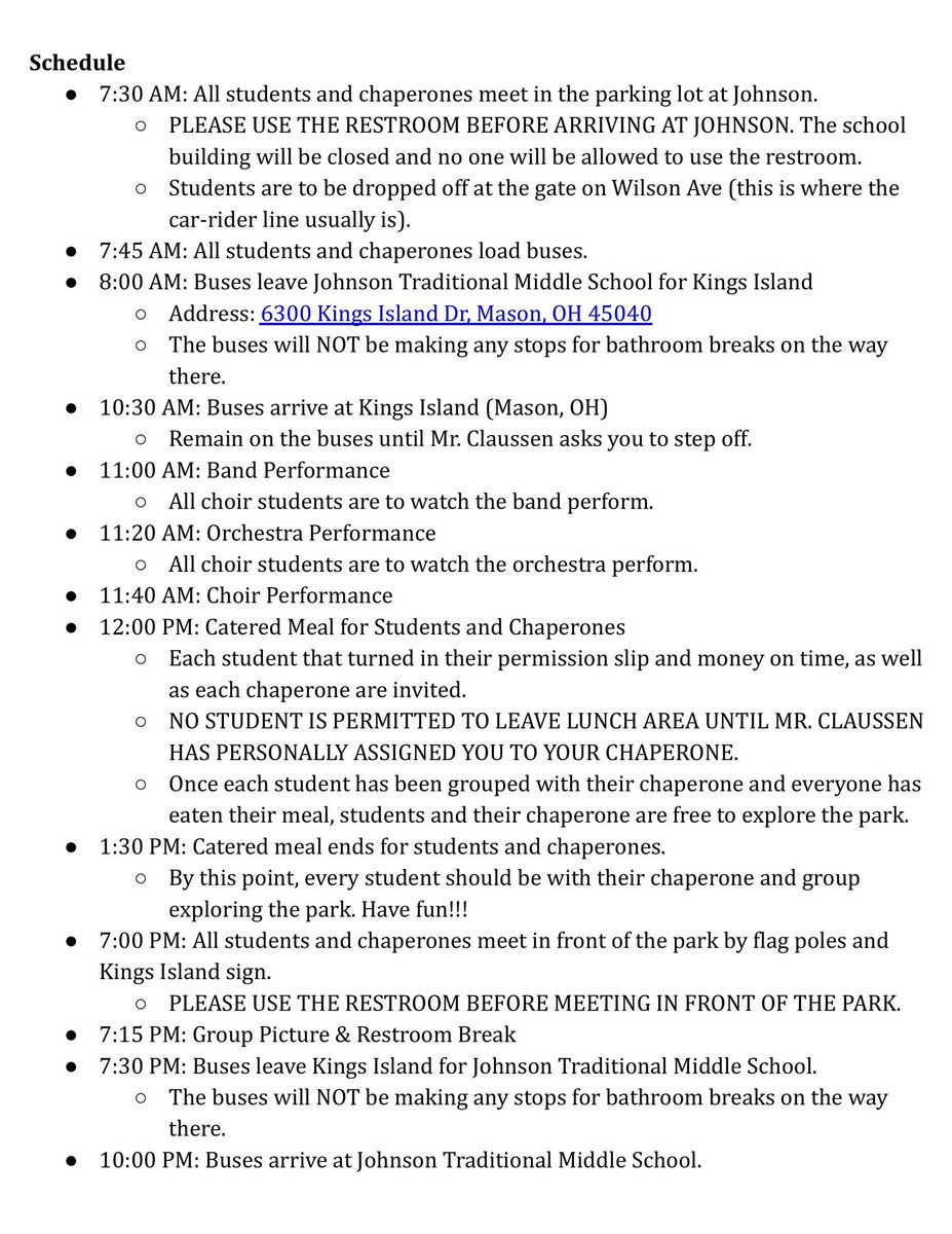 Kings Island Trip TOMORROW! Students, remember to wear your Johnson Choir t-shirt. Bring sunscreen and money (for dinner and any merchandise). Please use the restroom before arriving at the school! See you at 7:30 AM!

#RoarJagsRoar #SingJagsSing #YourVoiceMatters