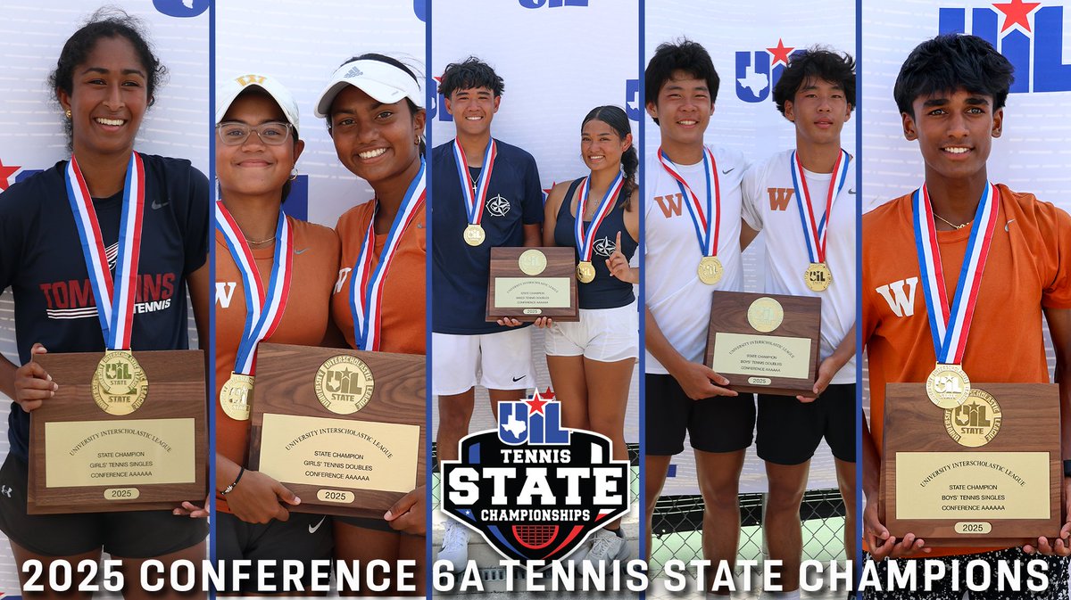 Congrats to the 2025 6A #UILState Tennis Champions! 🎾🏆

𝗚𝗜𝗥𝗟𝗦 𝗦𝗜𝗡𝗚𝗟𝗘𝗦: Ananya Sriniketh, Katy Tompkins
𝗚𝗜𝗥𝗟𝗦 𝗗𝗢𝗨𝗕𝗟𝗘𝗦: Anwitha Duduka/Janya Tellabati, Round Rock Westwood
𝗠𝗜𝗫𝗘𝗗 𝗗𝗢𝗨𝗕𝗟𝗘𝗦: Gabriel Segubiense/Jastine Escamos, Fort Bend Clements