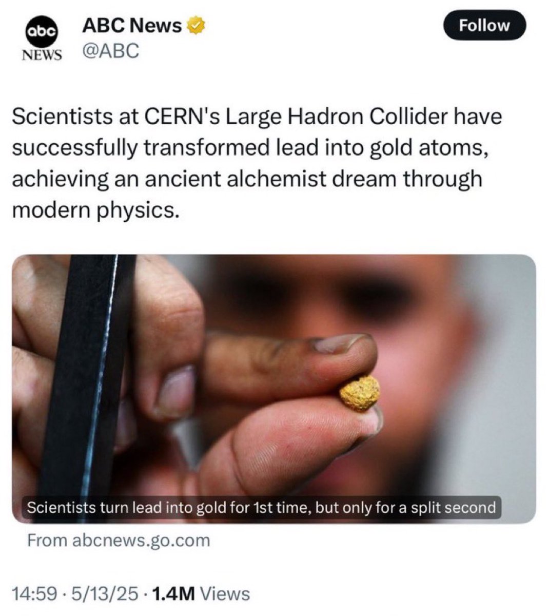Jordan Crowder (@digijordan) on Twitter photo The Anunnaki’s mission for Humans is almost complete…
“Scientists at CERN turn lead into gold for 1st time.” The Anunnaki’s mission for Humans is almost complete…
“Scientists at CERN turn lead into gold for 1st time.”