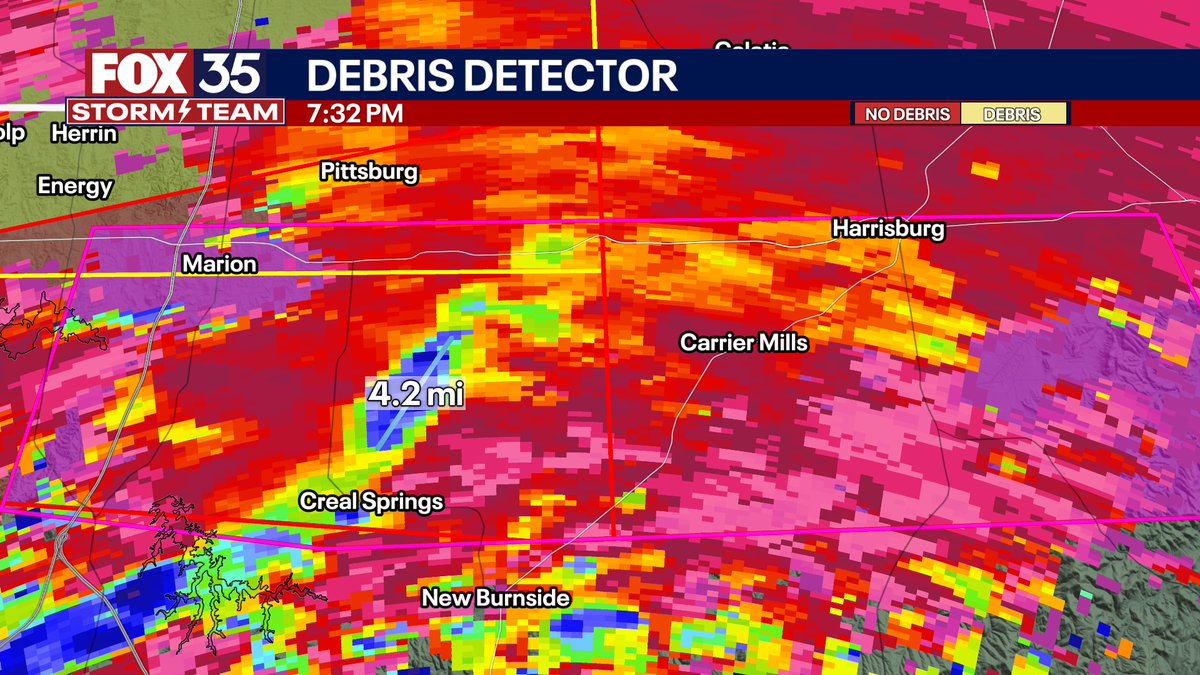 NbergWX's tweet photo. Heartbreaking.... goodness this is terrible radar data. A Tornado Emergency is in effect in southern Illinois, the rarest weather alert in the United States. 1+ mile debris ball, this is an ongoing strong EF2+ tornado. Tracking right towards Carrier Mills, IL and Harrisburg, IL. Homes leveled apparently south of Marion, IL.

posted: 7:32PM EDT / 6:32PM CDT