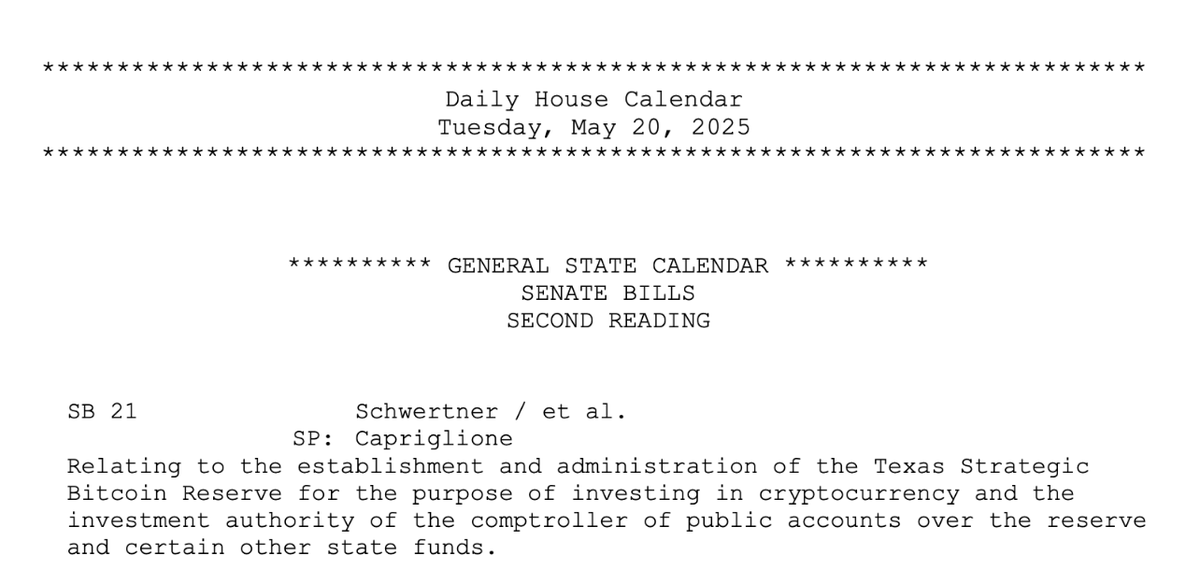 Bitcoin_Laws's tweet image. 🇺🇸 State Reserve Race Update:

Texas Bitcoin Reserve Bill SB 21 is scheduled for Second Reading in the House on Tuesday May 20.

If it passes, then a Third Reading and final vote is likely to occur next week.