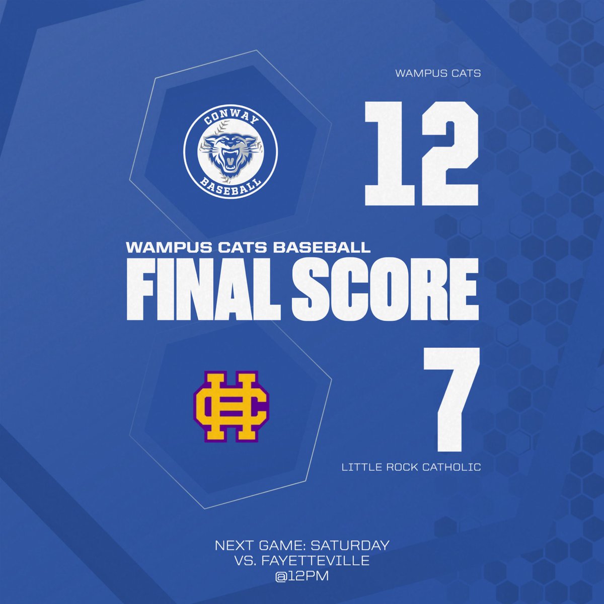 Conway Wampus Cat Baseball Booster Club (@conwaybsbl) on Twitter photo Cats (25-1) surge past Catholic to advance to the 6A State Semifinals vs Fayetteville tomorrow.
<a href="/CoverShaun26/">Shaun Cover</a> 2-3, 2 HR, 4 RBI
<a href="/SilasCicero/">Silas Cicero</a> 4ip, 1h, 0r, 0bb, 4k, HR, 3 RBI
<a href="/thomasfordiv/">Thomas Ford</a> 2-3, 2 RBI
<a href="/stewartlondon14/">London Stewart</a> 1-2, 2B, 2 RBI
Go Cats! Cats (25-1) surge past Catholic to advance to the 6A State Semifinals vs Fayetteville tomorrow.
<a href="/CoverShaun26/">Shaun Cover</a> 2-3, 2 HR, 4 RBI
<a href="/SilasCicero/">Silas Cicero</a> 4ip, 1h, 0r, 0bb, 4k, HR, 3 RBI
<a href="/thomasfordiv/">Thomas Ford</a> 2-3, 2 RBI
<a href="/stewartlondon14/">London Stewart</a> 1-2, 2B, 2 RBI
Go Cats!