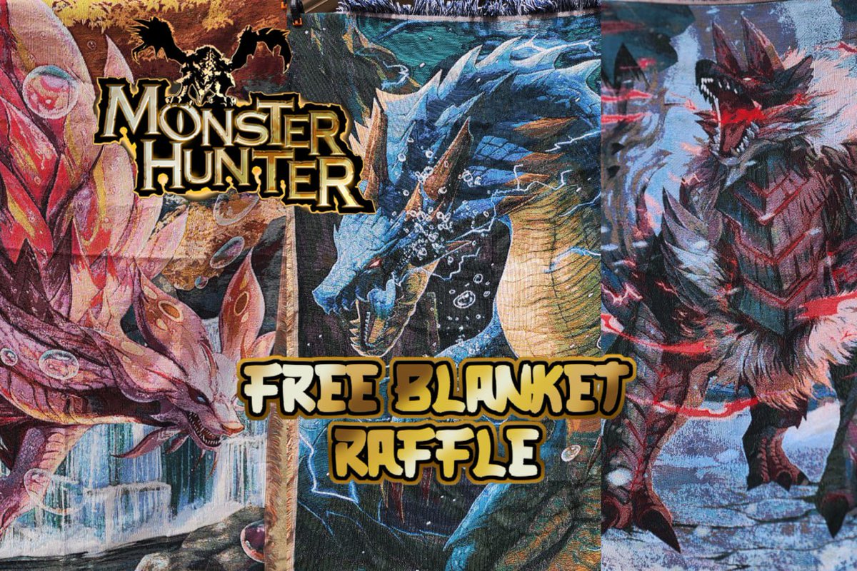 ✨ RAFFLE TIME ✨ 

I figured yall would be excited about this one. This is your chance to get a completely FREE Monster Hunter blanket from me! Your choice of ANY one (1) of my designs! 🔥 
 
➡️ 🚨 FOLLOW ME, LIKE, and RT this post to enter. Make sure you follow all steps!