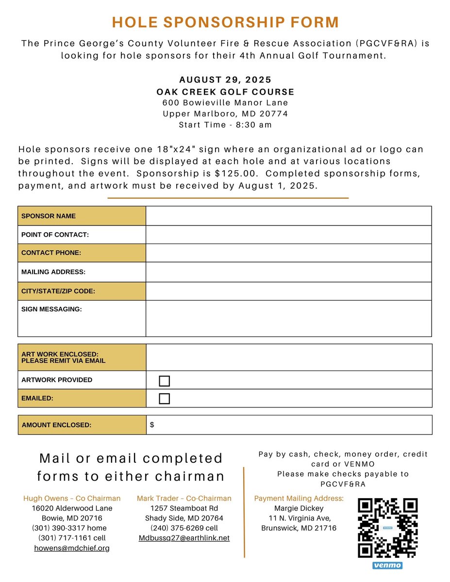 Calling all local businesses!

You can show your support for the Volunteer Fire &amp; EMS providers in Prince George's County with a sponsorship at our Annual Golf Tournament. Base hole sponsors can be represented with their logo on a yard sign for $125.
