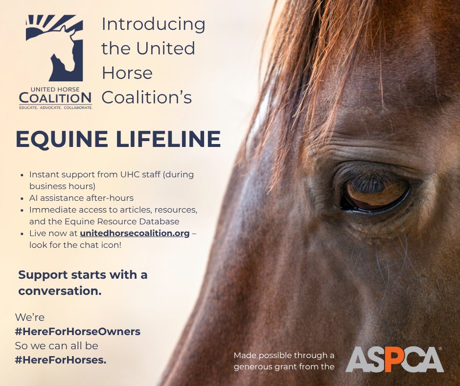 American Horse Council’s Foundation &amp; United Horse Coalition launch “Equine Lifeline”🐴

Support starts with a conversation.

We are #HereForHorseOwners so we can all be #HereForHorses

#UnitedHorseCoalition #EquineLifeline