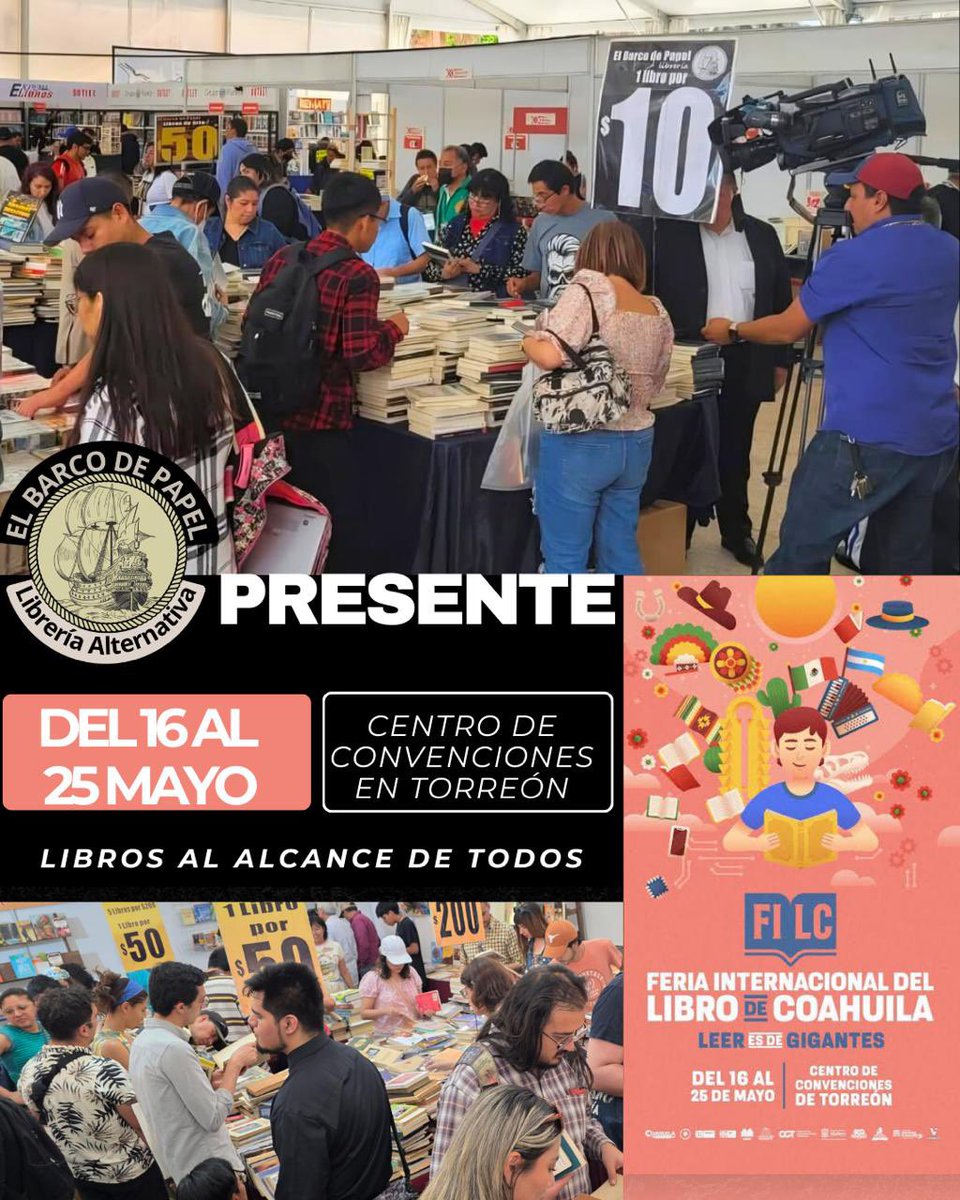 ElBarcodePapel's tweet photo. ¡Atención gente hermosa de Torreón Coahuila!
El Barco llega la FERIA INTERNACIONAL DEL LIBRO DE COAHUILA(FILC) 2025.
L@s esperamos del 16 al 25 de Mayo en el Centro de convenciones. 
¡No falten!

#Icazbalceta 
#ELBarcoEbrio
#ElBarcoDePapel 
#Coahuila #torreóncoahuila #Libros https://t.co/wmgm989vHF