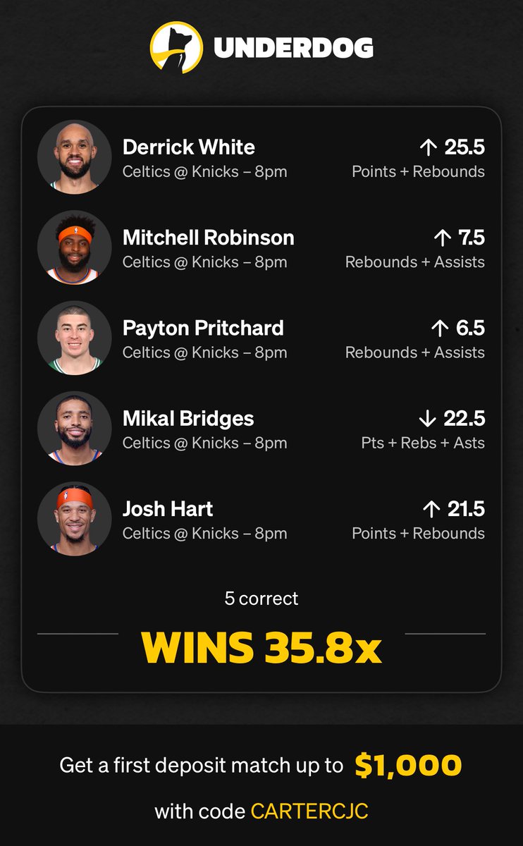 play.underdogfantasy.com/es-ZmyqDZjL8V

This is what we came up with✅

Lock in LFGGG☢️☢️

$10 to a follower who likes 👍 and reposts🎈🎈

Lets break the slump❌