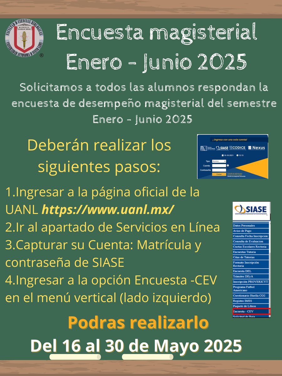 🚨 AVISO IMPORTANTE 🚨

Solicitamos a todos los alumnos de la FCB su colaboración para llenar la Encuesta de Retroalimentación Académica Final.

A continuación te indicamos los pasos: