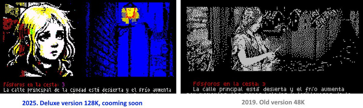 En estos años he aprendido a hacer mejores gráficos, así que voy a realizar (también) la versión Deluxe 128K de "Una luz en la nieve". Este remake será más largo, con más puzzles, música y mejores gráficos. Para este verano.
#sequentiasoft #alightinthesnow