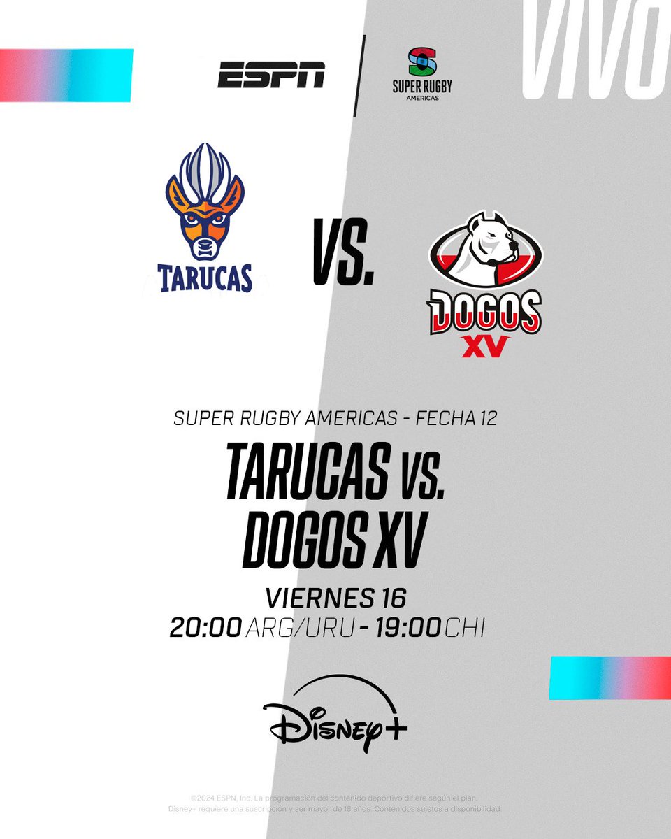 #SRA | Viernes 20:00 (ARG/URU) con Lucas González Amorosino y @AlmejunFede, hacemos #Tarucas vs #DogosXV a través de #DisneyPlus! También disponible en #ESPN3. 🏉⭐