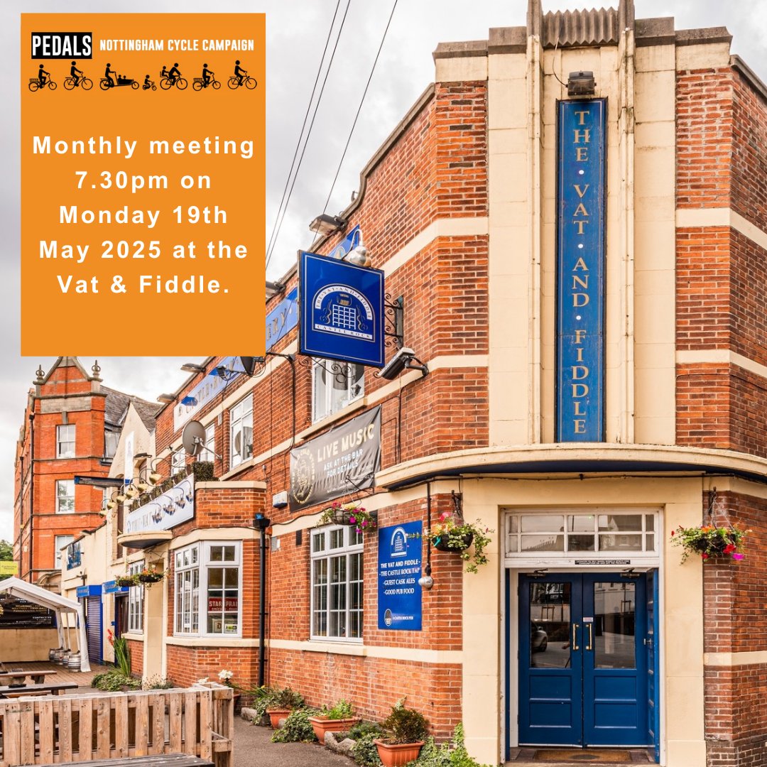 Reminder: our monthly meeting takes place at 7.30pm on the third Monday of every month.  The next is Monday 19th May 2025 at the Vat &amp; Fiddle.  See you there!  #pedals #pedalsnottingham #nottingham #cycle #campaigns #bicycle #cycling