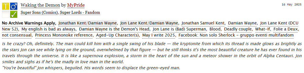 MyPrideHD's tweet photo. I wrote something about that 👀
1. https://t.co/N34nyZfC8F
#supersons #jondami #damijon #fanfiction #damianwayne #jonathankent #dccomics #robin #superboy #superlords #jonlanekent #demonhead #mononoke https://t.co/OVZPYfLTnp