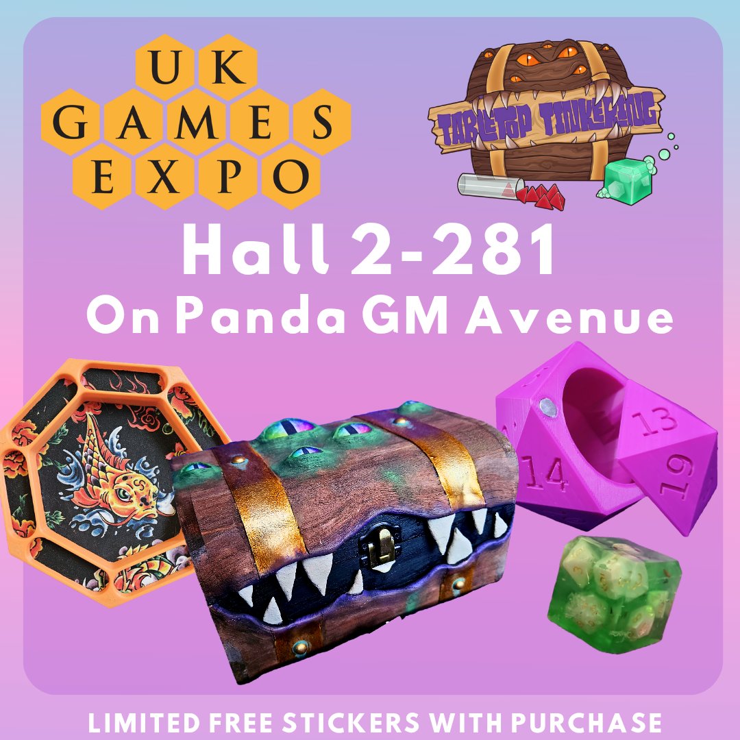 Alright friendos! We'll be at 2-281 this year at #UKGE. Who's swinging by to say hello? I have a limited amount of holographic logo stickers to give away with the first few orders until I run out. Please come and say hi to this awkward bean and remind me who you are 💜