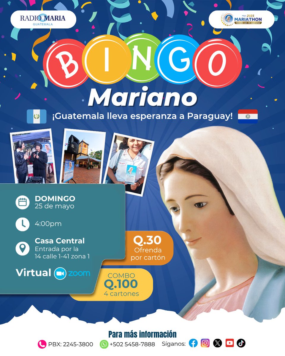 Cada cartón es un granito de esperanza, que ayuda a llevar la voz de María a más corazones paraguayos. 📡

¡Participe y haga historia con nosotros! Para más información contáctenos.

🗓️ Domingo 25 de mayo
🕒 4:00 PM
📍 Presencial y virtual

#radiomariagt #Mariathon2025