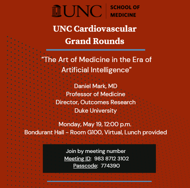 UNC Division of Cardiology (@unccardiology) on Twitter photo Daniel Mark, MD, <a href="/DanMarkMD/">Daniel Mark</a> Professor of Medicine, Director, Outcomes Research at Duke University, will be our next Cardiology Grand Rounds speaker on Monday, May 19. <a href="/UNC_SOM/">UNC School of Medicine</a> <a href="/UNCDeptMedicine/">UNC Department of Medicine</a> <a href="/UNC_Health_Care/">UNC Health</a> #CardioEd
Join from the Zoom meeting link:
go.unc.edu/Cn89M Daniel Mark, MD, <a href="/DanMarkMD/">Daniel Mark</a> Professor of Medicine, Director, Outcomes Research at Duke University, will be our next Cardiology Grand Rounds speaker on Monday, May 19. <a href="/UNC_SOM/">UNC School of Medicine</a> <a href="/UNCDeptMedicine/">UNC Department of Medicine</a> <a href="/UNC_Health_Care/">UNC Health</a> #CardioEd
Join from the Zoom meeting link:
go.unc.edu/Cn89M