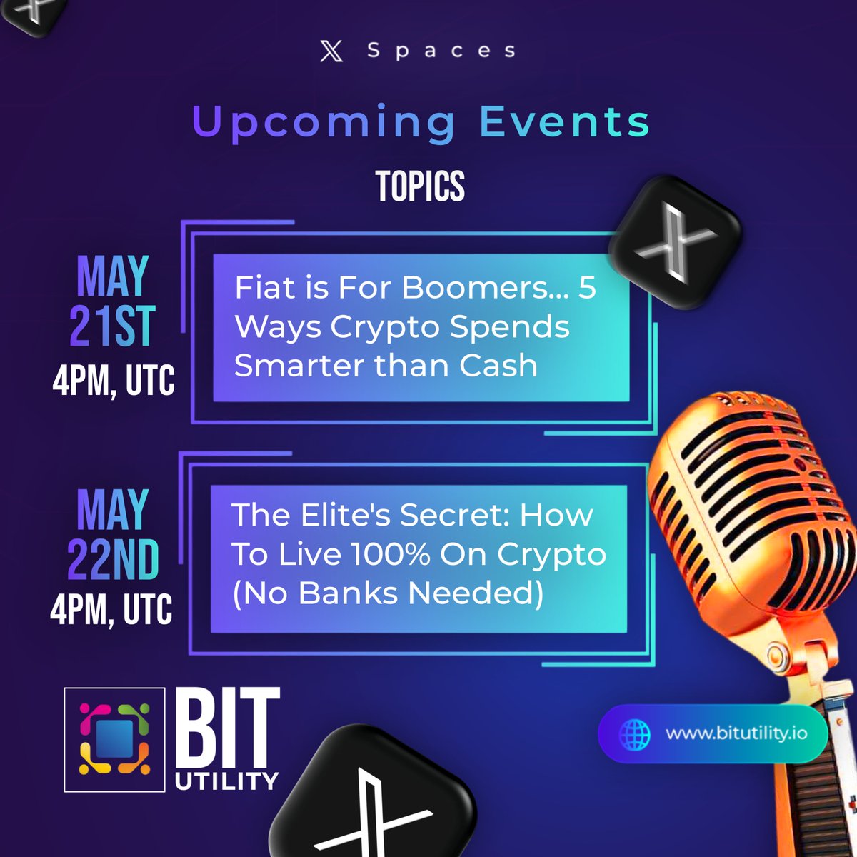 Bitutilityx's tweet image. Upcoming #XSPACE Schedule.

📅 Join us to Live Fully in Crypto.

🤝 Follow to stay updated!