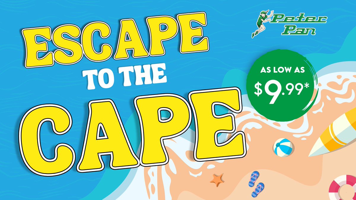 🌞 Escape to the Cape! 🌞 Fares from $9.99*! 🛳️🏖️ Book now at peterpanbus.me/3Fm7JpI! $3.99 fee. Promo valid thru 9/1/25. Limited availability.