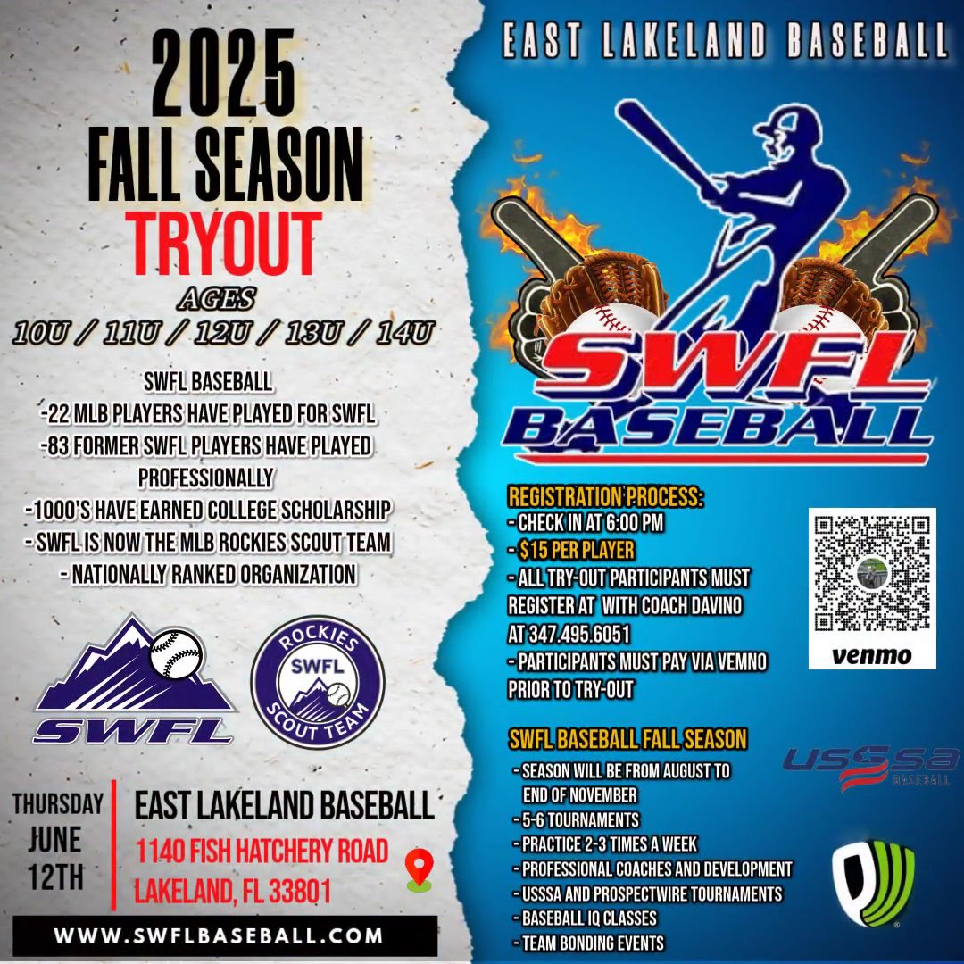 CoachDavino's tweet image. ⚾️ SWFL Baseball 2025 Fall Tryout dates have been set!
⚾️ SWFL Baseball / SWFL Rockies Scout Team has been around since 1993. SWFL has produced 82 draft picks with 22 making it to the MLB, while placing 1,000’s of players into college.
@SWFLBaseball1