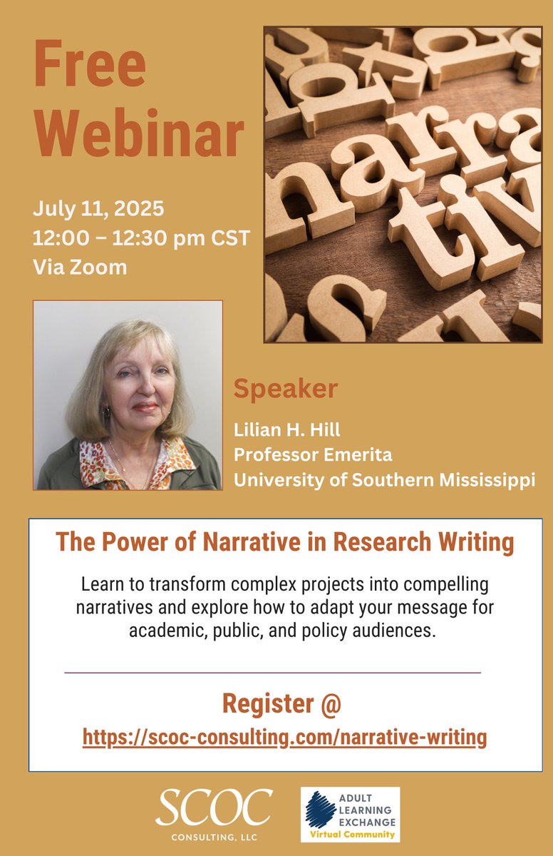 scocconsulting's tweet image. 🎙️Telling your research story matters.
Join Dr. Lilian H. Hill for a 30-minute webinar on using narrative to amplify your research impact.
 📅 July 11 | 🕛 12:00 pm CT
 🔗 Register: scoc-consulting.com/narrative-writ…
#NarrativeWriting #ResearchStorytelling #HigherEd #AcademicTools