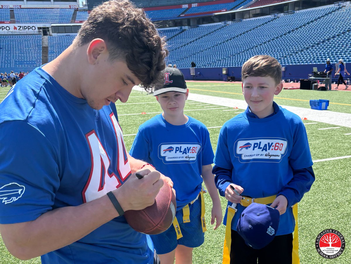 LancasterCSD's tweet photo. Lancaster was 1 of 6 schools selected for the @BuffaloBills Charged Up Field Trip! 40 LMS 7th graders went to Highmark Stadium for a day of fun, fitness &amp; football with Bills players. Huge thanks to Lancaster alum Joe Andreessen, who spent some extra time with our Lancaster crew. https://t.co/63UX6Qx97u