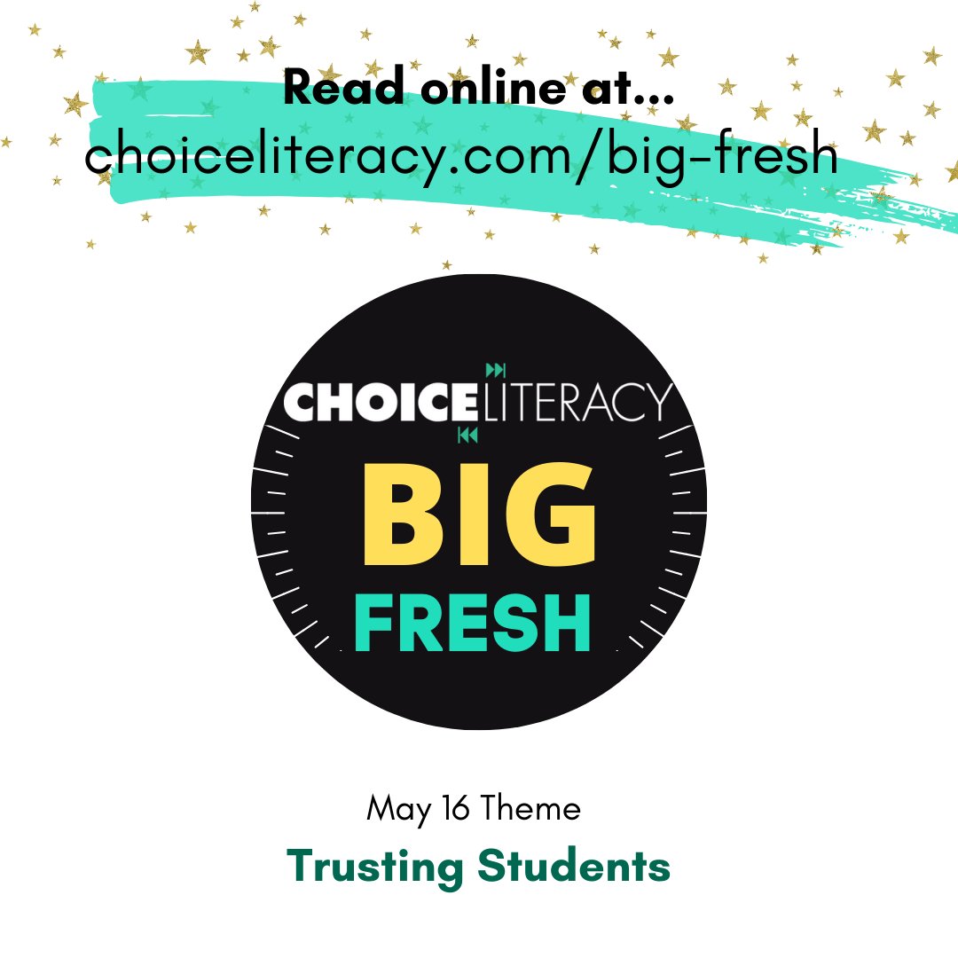 Choice Literacy | Ruth Ayres (@choiceliteracy) on Twitter photo 🌟 Embracing the Unexpected in Education
This week's #BigFresh reflects on the value of staying open to the surprises that students bring into our classrooms. Plus — practical strategies to help educators pause, re-center, and renew themselves throughout busy, stressful days. 🌟 Embracing the Unexpected in Education
This week's #BigFresh reflects on the value of staying open to the surprises that students bring into our classrooms. Plus — practical strategies to help educators pause, re-center, and renew themselves throughout busy, stressful days.