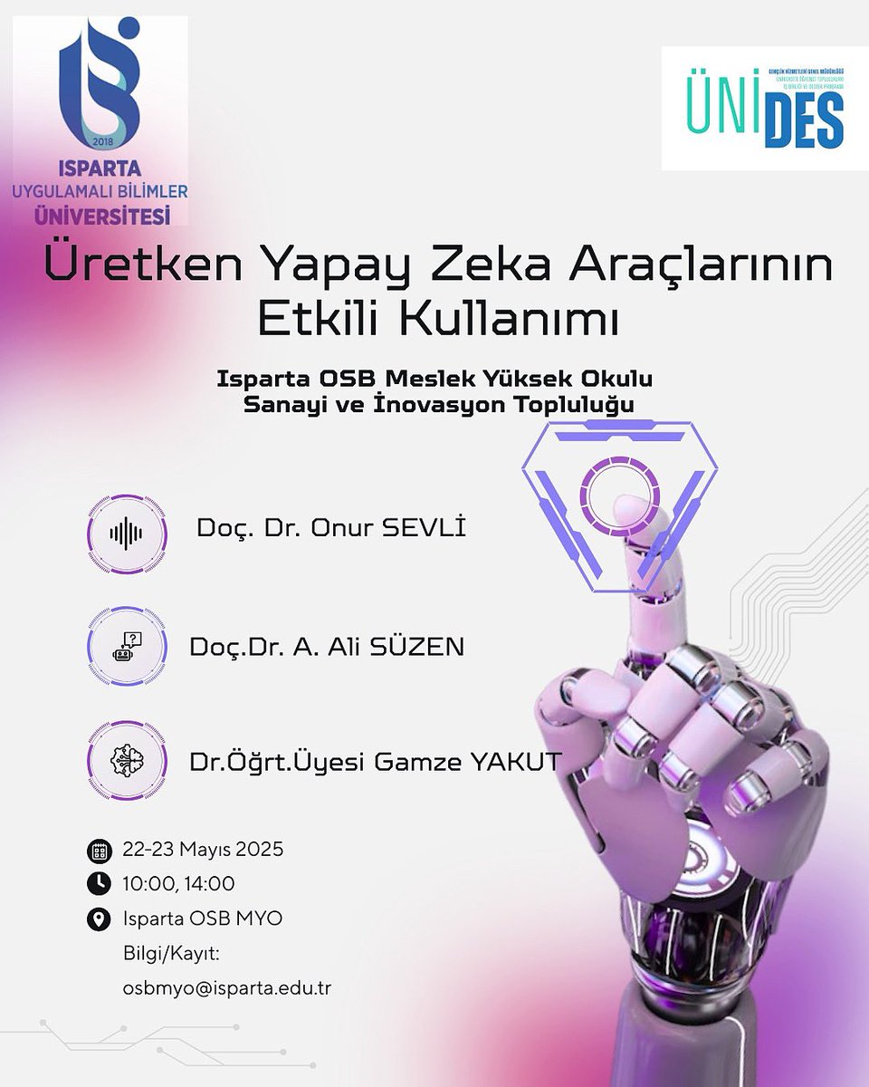 Merkez Müdürümüz Doç. Dr. Onur Sevli 22 Mayıs 2025 Perşembe günü Gençlik ve Spor Bakanlığı tarafından desteklenen “Üretken Yapay Zeka Araçlarının Erkili Kullanımı” projesi için Isparta Uygulamalı Bilimler Üniversitesi Organize Sanayi Bölgesi Meslek Yüksek Okulu’nun konuğu olacak.