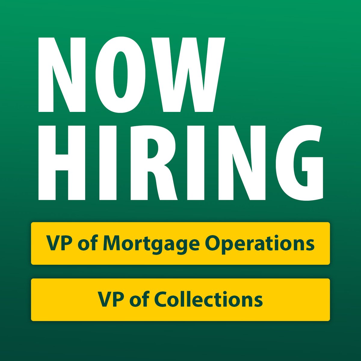 NOW HIRING! We are looking for our next VP of Mortgage Operations and VP of Collections. Learn more about these positions -&gt; bit.ly/3Bo4S9m
