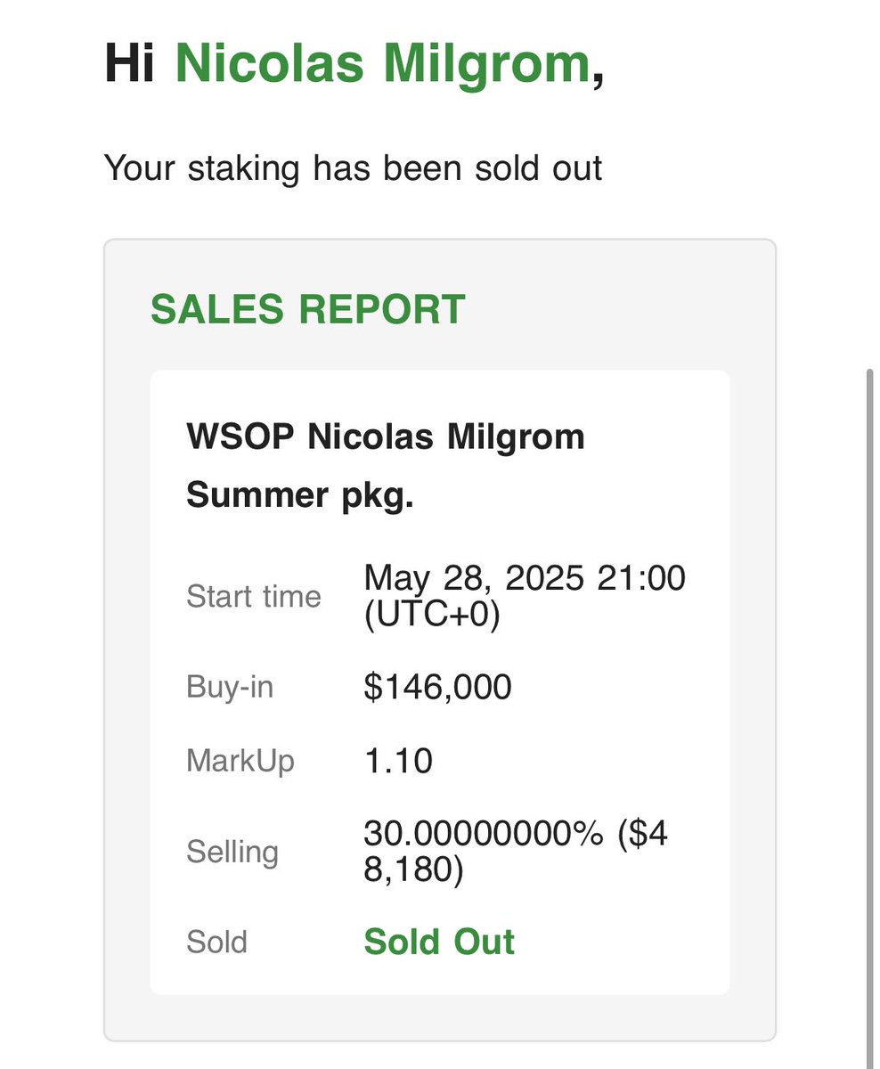 SOLD OUT‼️🤯

Thank you to the 51 people who have bought my World Series of Poker package. I’m very honored and grateful to be representing myself and the 51 who believe in me!!!

Also thanks to <a href="/AllenKessler/">Allen Kessler</a> for putting me on <a href="/pokerstakecom/">PokerStake</a> a year ago. And <a href="/JoshuaArieh/">Joshua Arieh</a> for