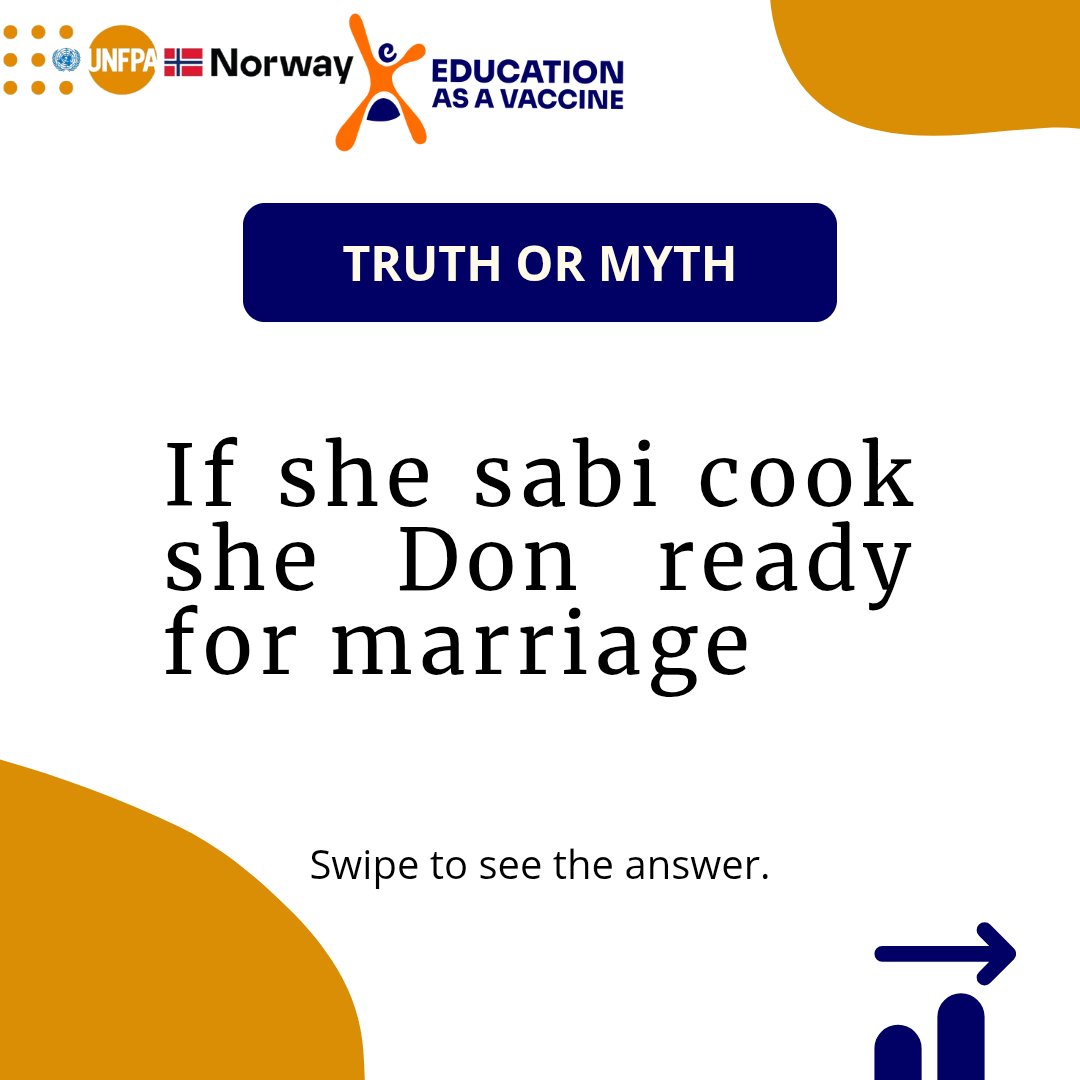 _dRau's tweet photo. She don mature, she fit marry?
No be everything we dey hear for society dey true.
Swipe to clear the myth wey dey make our girls lose their future early.
#ChildMarriage #MythBuster #GirlsNotBrides #EndCEFM #StopChildMarriage #NigerianParents #ProtectOurGirls #SayNoToCEFM https://t.co/nEm9QAzsTF
