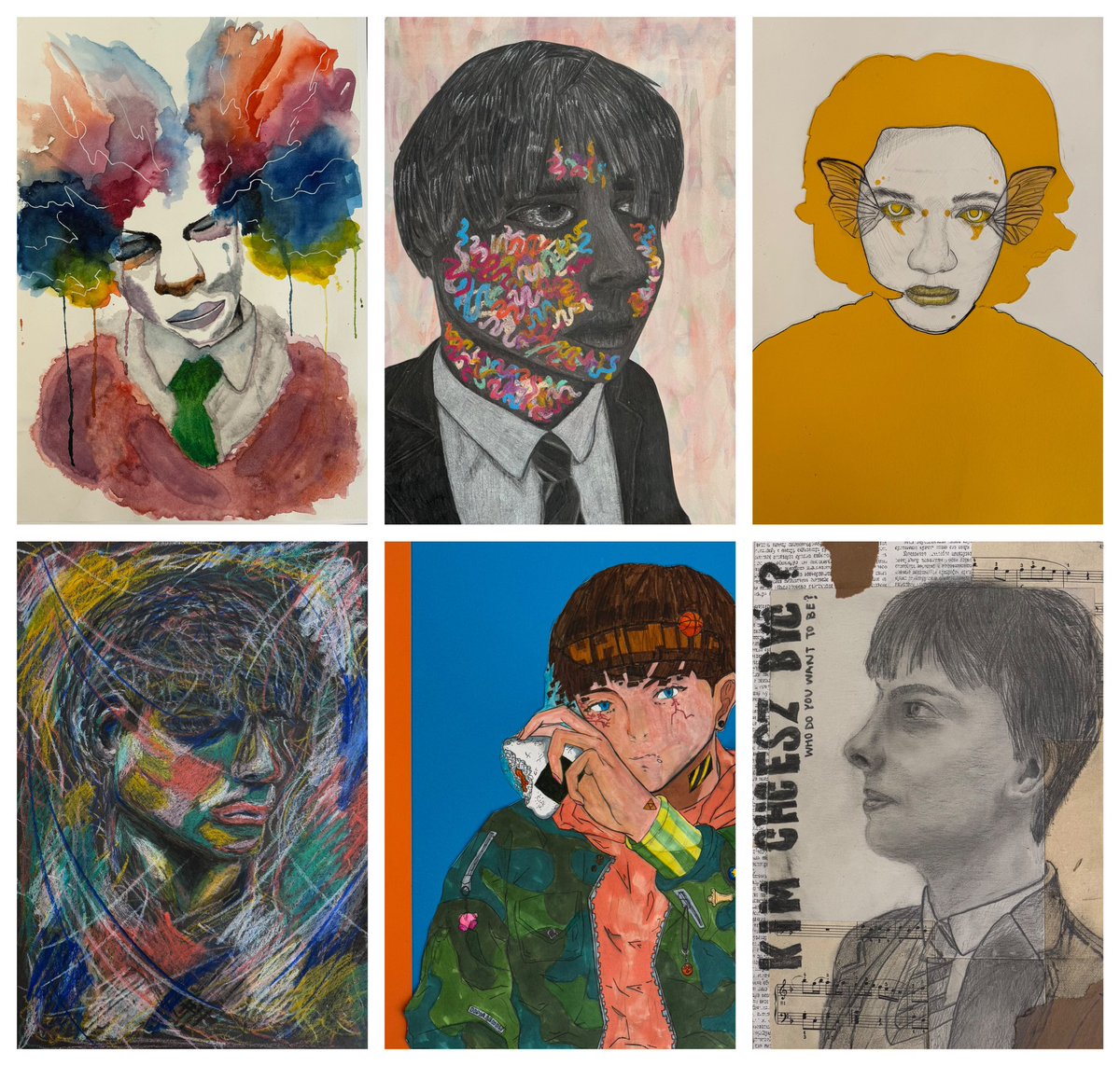 Fantastic self-portraits created by our #Year10 #KS4 #GCSE #Art pupils in response to the artists they have chosen as part of their Identity project. Well done, boys! #loveteaching #proudteacher