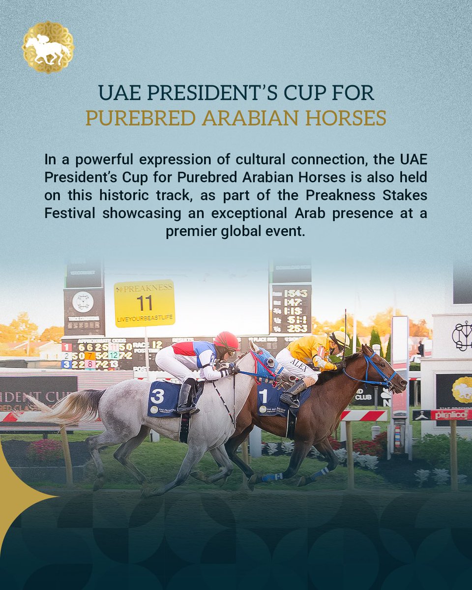 Discover Pimlico Racecourse 🏇 — home of the world-famous Preakness Stakes, the second jewel of the American Triple Crown, and the U.S. destination of the 32nd edition of the UAE President’s Cup for Purebred Arabian Horses. 🇺🇸

Don’t miss this extraordinary event tomorrow at one