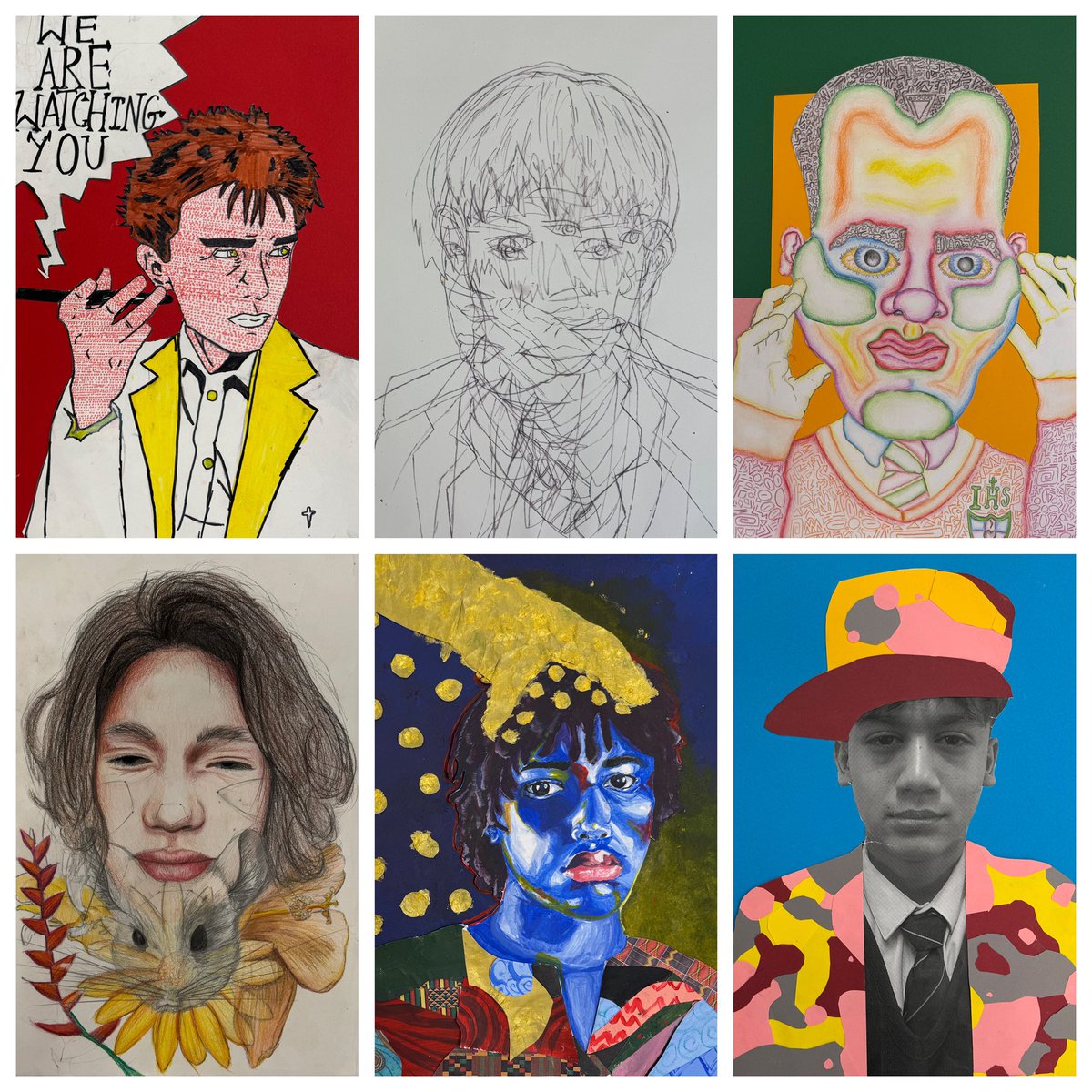 Fantastic self-portraits created by our #Year10 #KS4 #GCSE #Art pupils in response to the artists they have chosen as part of their Identity project. Well done, boys! #loveteaching #proudteacher