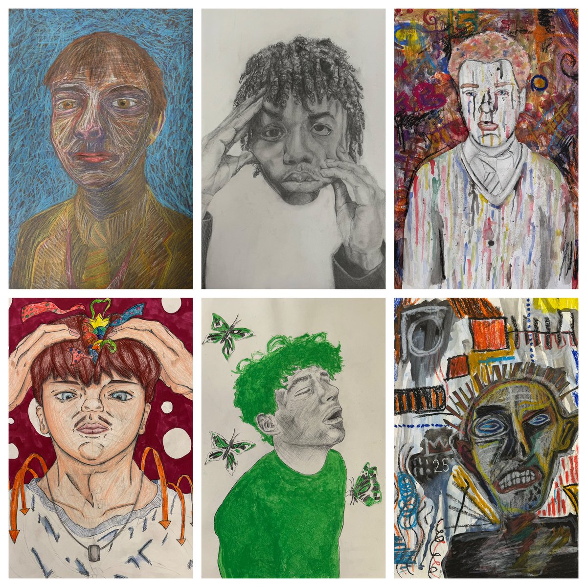 Fantastic self-portraits created by our #Year10 #KS4 #GCSE #Art pupils in response to the artists they have chosen as part of their Identity project. Well done, boys! #loveteaching #proudteacher