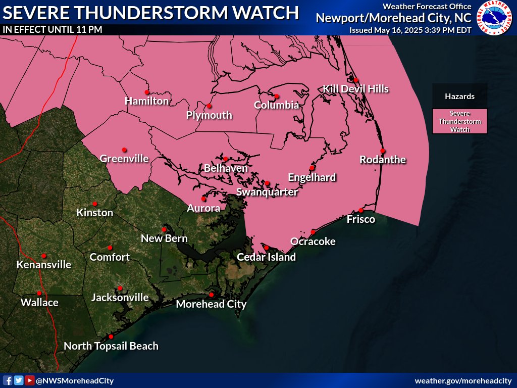 [5/16/25 3:54 PM]
SEVERE THUNDERSTORM WATCH in effect this evening (see image for counties). This is a low probability, high impact event. See images attached for more details. Be sure to have multiple ways to receive warnings!
#ncwx #thunderstorm #severeweather #weatheraware