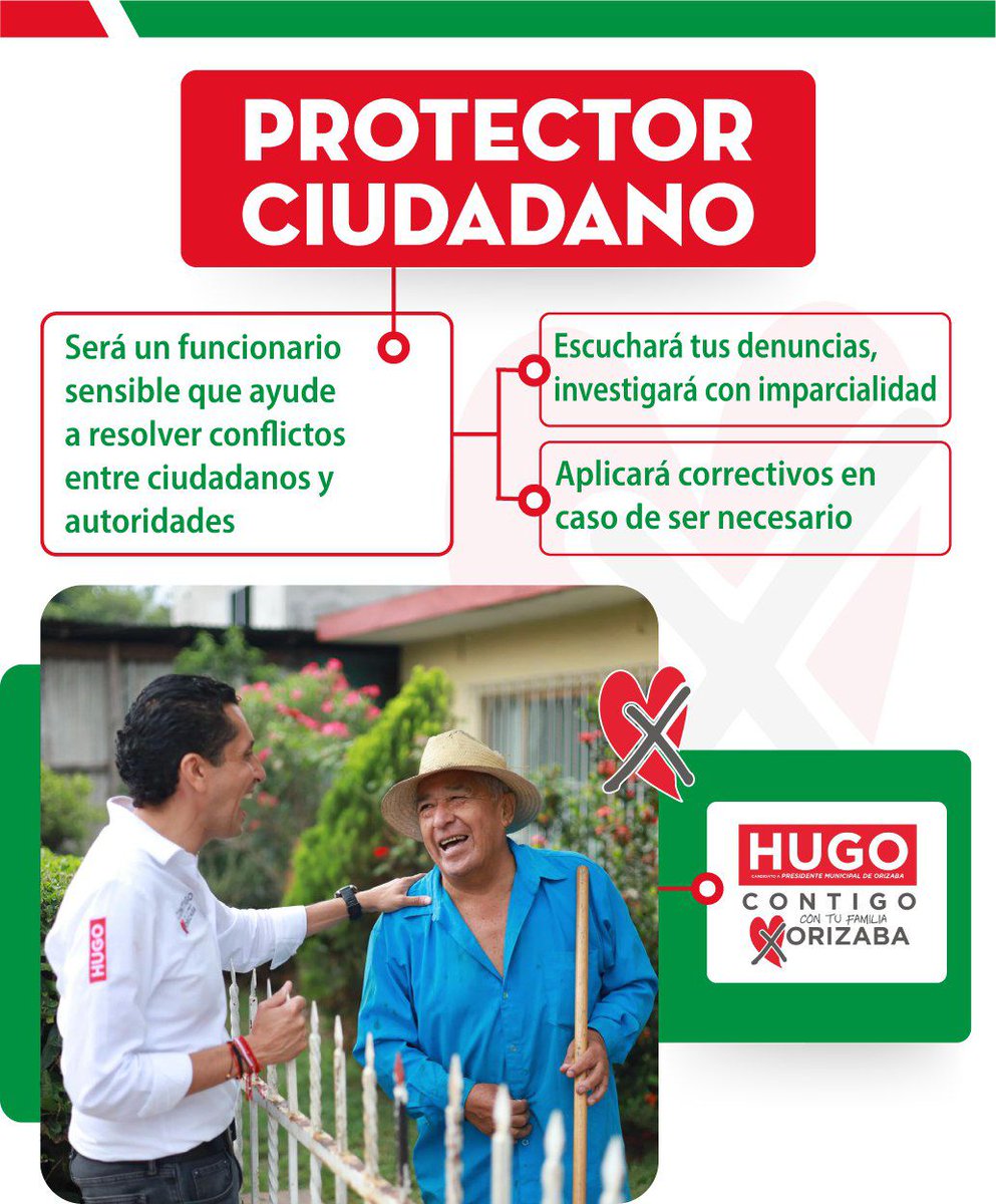 Conoce mi propuesta: "Protector Ciudadano", un funcionario sensible que será mediador en los conflictos entre ciudadanos y autoridades.

#HugoCONTIGO #Hugocontufamilia #HugoxOrizaba