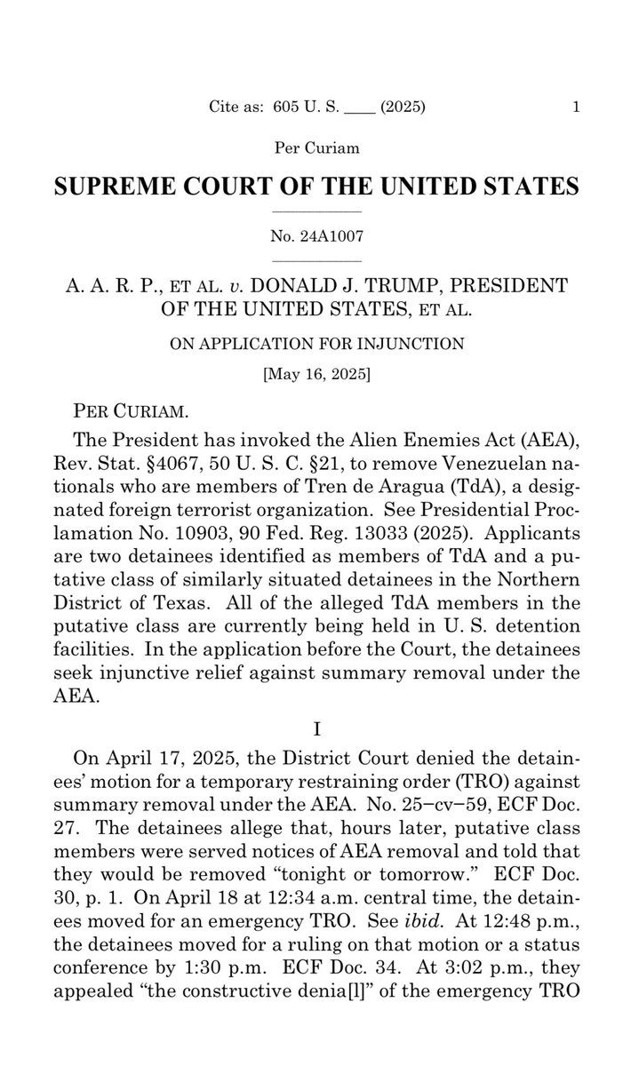 stevenmazie's tweet image. BREAKING: by an apparent 7-2 margin, the Supreme Court stops the Trump administration from deporting a class of Venezuelans under the Alien Enemies Act