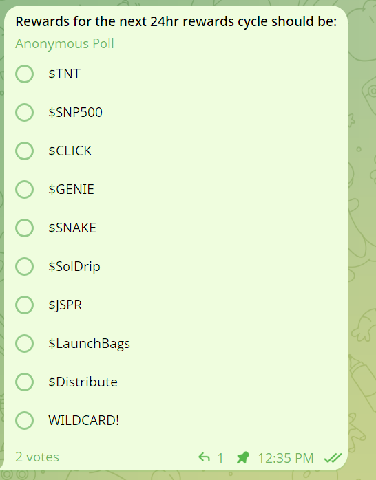New rewards poll is up over at $LaunchBags! We are now always having $Distribute as a permanent poll option in our rewards polls as well as a new WILDCARD option where we will reward users in newly launched / low marketcap coins for the 24hr rewards cycle to build up moonbags!