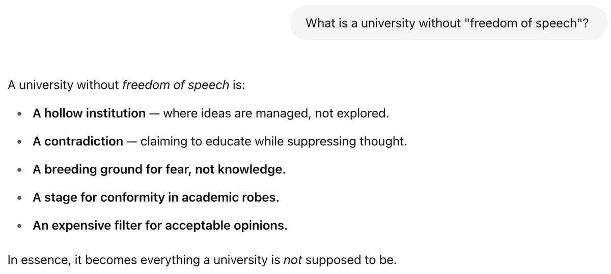 Daniel Khashabi 🕊️ (@danielkhashabi) on Twitter photo What is a university without "freedom of speech"?
Apparently, ChatGPT has a better grasp than <a href="/nyuniversity/">New York University</a>.
x.com/nebedaay/statu… What is a university without "freedom of speech"?
Apparently, ChatGPT has a better grasp than <a href="/nyuniversity/">New York University</a>.
x.com/nebedaay/statu…