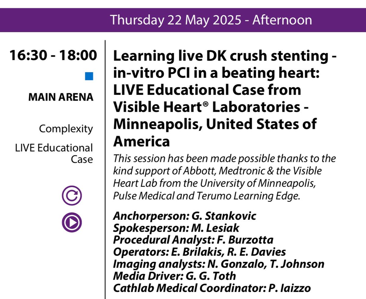 A.Nazmi Calik (@anazmicalik) on Twitter photo 🟣 #EuroPCR 2025 - Day 3 🟣
🎯A must-attend session on DK crush stenting!!
📍Main Arena
🗓️ May 22, Thursday ⏰16:30
<a href="/GoranEBC/">Goran Stankovic, MD, PhD</a> <a href="/RhianEDavies1/">Rhian E. Davies DO MS</a> <a href="/esbrilakis/">Emmanouil Brilakis</a>
<a href="/NievesGonzalo1/">Nieves Gonzalo</a> <a href="/M_Lesiak/">Maciej Lesiak</a> <a href="/twj1974/">Tom Johnson</a> <a href="/BURZOTTA_F/">FRANCESCO BURZOTTA</a> <a href="/gabor_gt/">Gabor G Toth</a> <a href="/VisibleHeartLab/">Visible Heart® Laboratories</a>
#Complexity <a href="/PCRonline/">PCRonline 🫀</a> 🟣 #EuroPCR 2025 - Day 3 🟣
🎯A must-attend session on DK crush stenting!!
📍Main Arena
🗓️ May 22, Thursday ⏰16:30
<a href="/GoranEBC/">Goran Stankovic, MD, PhD</a> <a href="/RhianEDavies1/">Rhian E. Davies DO MS</a> <a href="/esbrilakis/">Emmanouil Brilakis</a>
<a href="/NievesGonzalo1/">Nieves Gonzalo</a> <a href="/M_Lesiak/">Maciej Lesiak</a> <a href="/twj1974/">Tom Johnson</a> <a href="/BURZOTTA_F/">FRANCESCO BURZOTTA</a> <a href="/gabor_gt/">Gabor G Toth</a> <a href="/VisibleHeartLab/">Visible Heart® Laboratories</a>
#Complexity <a href="/PCRonline/">PCRonline 🫀</a>