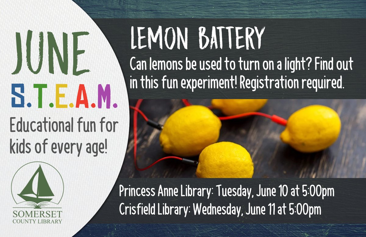 SomersetCounty1's tweet image. 🍋 How powerful is a lemon? For kids of all ages, registration required, call or stop by to sign up. ⚙️
Crisfield Library: 410-968-0955
Princess Anne: 410-651-0852
#stem #librarystem