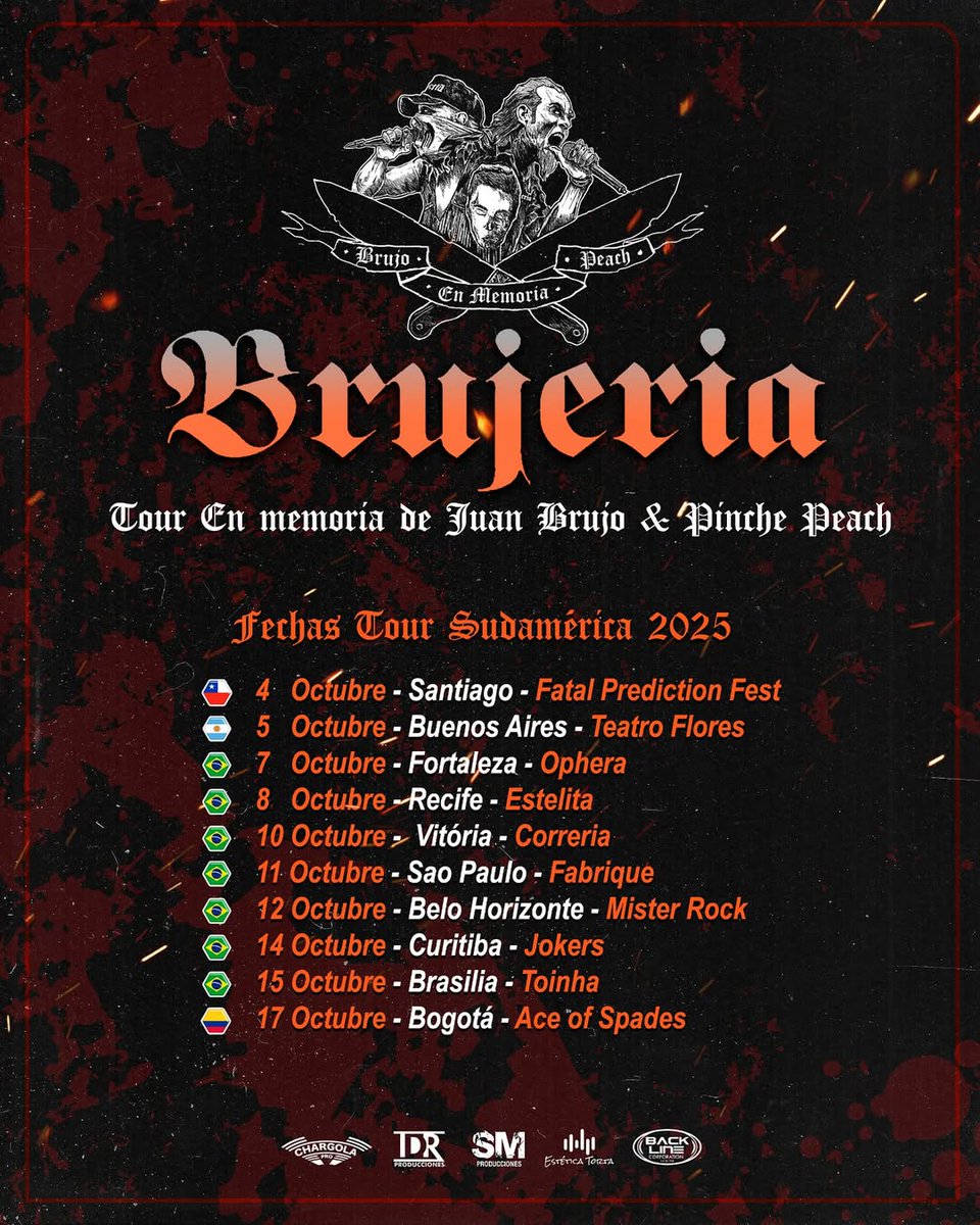 𝗕𝗿𝘂𝗷𝗲𝗿í𝗮 anuncia tour por 𝗦𝘂𝗱𝗮𝗺𝗲𝗿𝗶𝗰𝗮 este 2025 Bogotá 17 de octubre.
⁣En memoria de 𝗝𝘂𝗮𝗻 𝗕𝗿𝘂𝗷𝗼 y 𝗣𝗶𝗻𝗰𝗵𝗲 𝗣𝗲𝗮𝗰𝗵, leyendas de la banda que dejaron una huella imborrable en el 𝗴𝗿𝗶𝗻𝗱𝗰𝗼𝗿𝗲 y el 𝗺𝗲𝘁𝗮𝗹 𝗲𝘅𝘁𝗿𝗲𝗺𝗼.