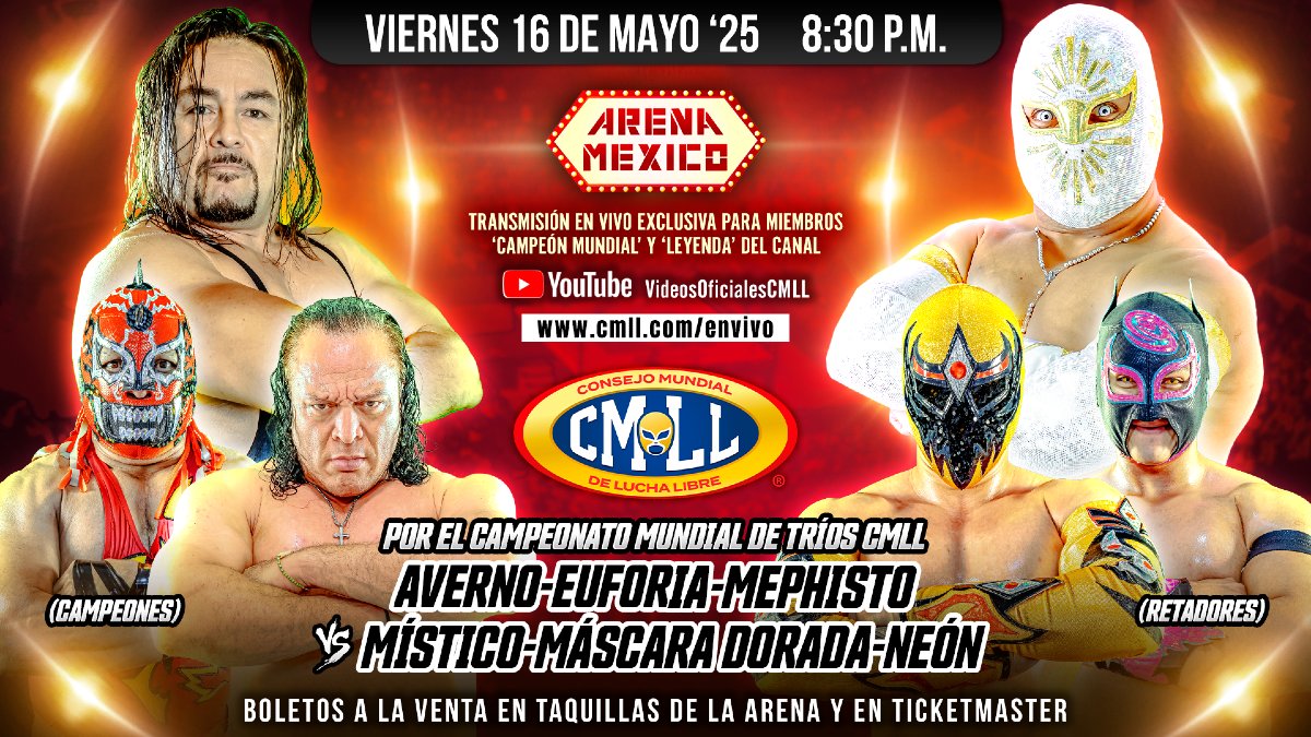 Graphic for the CMLL World Trios title match between the champions Los Infernales and the challengers El Sky Team