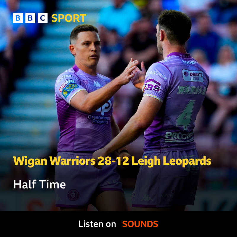 BBCRMsport's tweet photo. Wigan have a commanding lead at the break
π Can they hold on or will Leigh make a remarkable comeback?
βοΈ Elsewhere in rugby union Sale lead Bristol comfortably
#SuperLeague #BBCRL #BBCRU