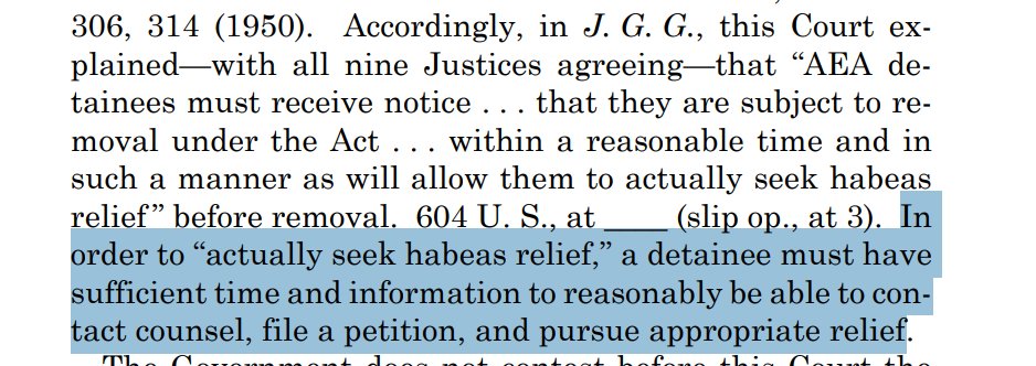 The Supreme Court makes clear AGAIN that the Trump administration cannot throw people onto plane with little to no notice. Those subject to the Alien Enemies Act MUST be given given time to contact a lawyer, file a habeas lawsuit, and pursue the case.

Anything less is illegal.
