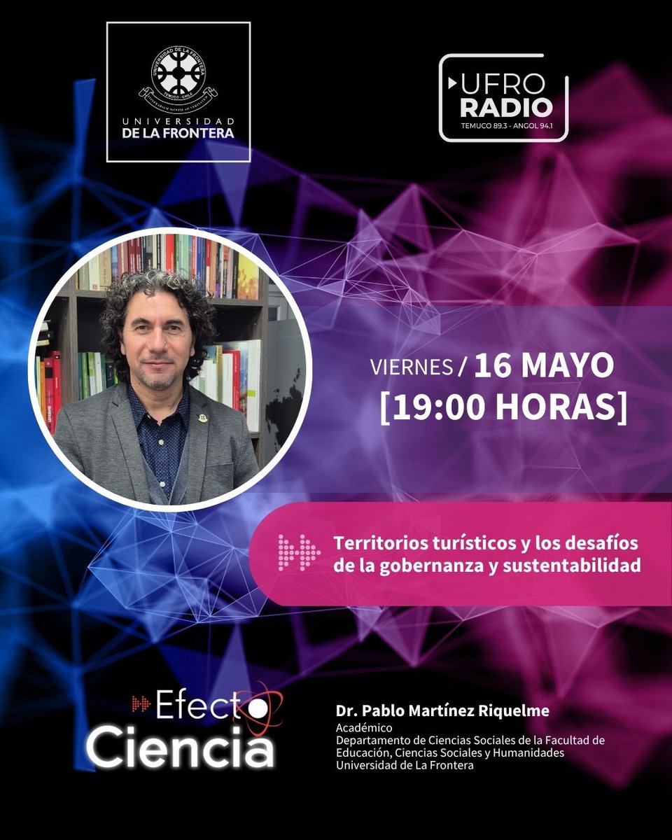 Esta tarde, a las 19.00 hrs participará el Dr Pablo Martinez Riquelme <a href="/pablo01martinez/">Pablo Martinez Riquelme</a> en el programa Efecto Ciencia de UfroRadio
Temuco 89.3 y  94.1