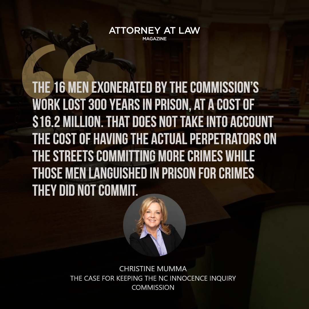 Christine Mumma speaks out in defense of the NC Innocence Inquiry Commission. "Putting aside all the justice and public confidence reasons to keep [it], analysis of the numbers ... indicates the commission should be kept." attorneyatlawmagazine.com/legal/opinion/…

#innocence #exoneration